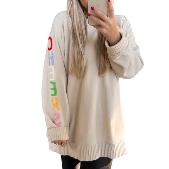 Aerie Down To Earth "CHEERS" Oversized Fleece Crew Sweatshirt Soft Oat XL - Picture 15 of 15